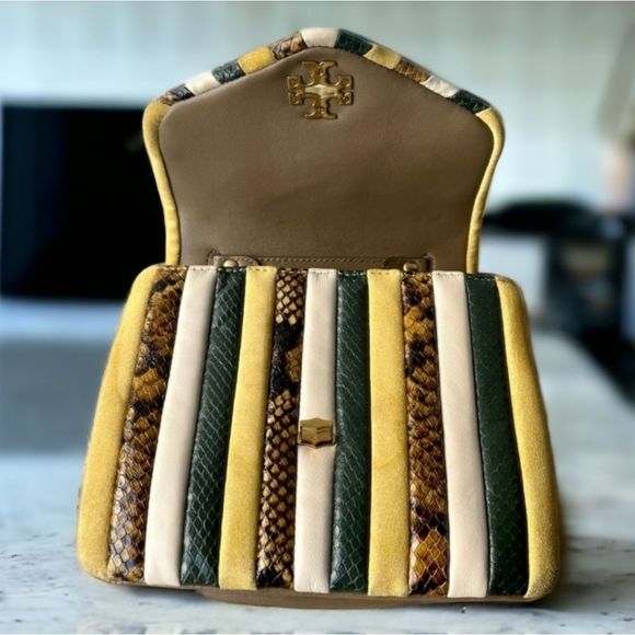 Tory Burch Striped Yellow Green Cream Snakeskin Chain Crossbody Bag - Picture 9 of 16